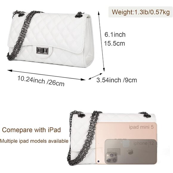 Women White PU Quilted Stylish Crossbody Bag with Chain Strap & Flap Closure - Picture 3 of 6
